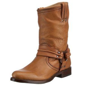 Frye Maxine Trapunto Short Boot Cognac Light Tan Moto Harness Heeled Bootie